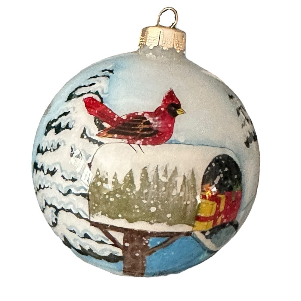 Inside Art Cardinal on Mail Box Christmas Glass Ornament Collectible w/Gift Box